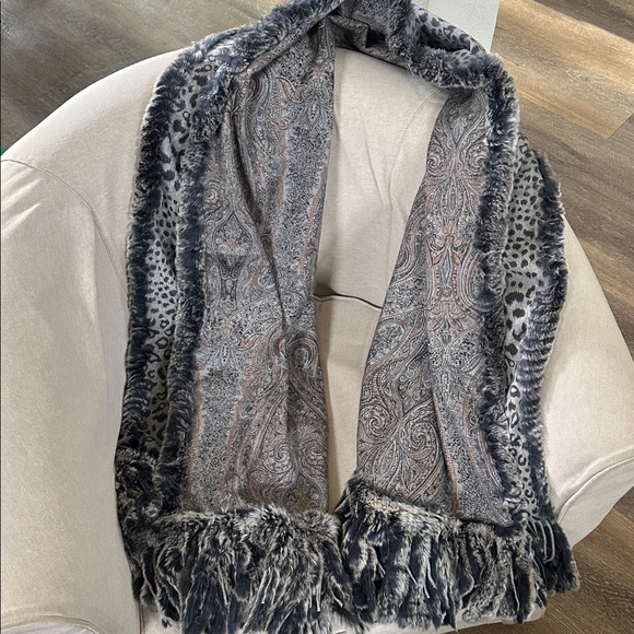 Luxury Gray Blue Cashmere Reversible Leopard Paisley Print Rabbit Fur Scarf Wrap - Picture 7 of 12